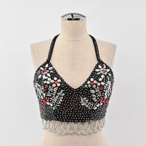 CHARISMATICO Beaded Top Womens Sz M Black Sequin Rhinestone Bustier Halter Crop